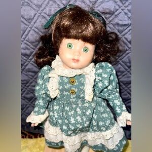 Vintage 12" Porcelain Ceramic Green Eye Child Doll Brown Hair Dress | Christmas